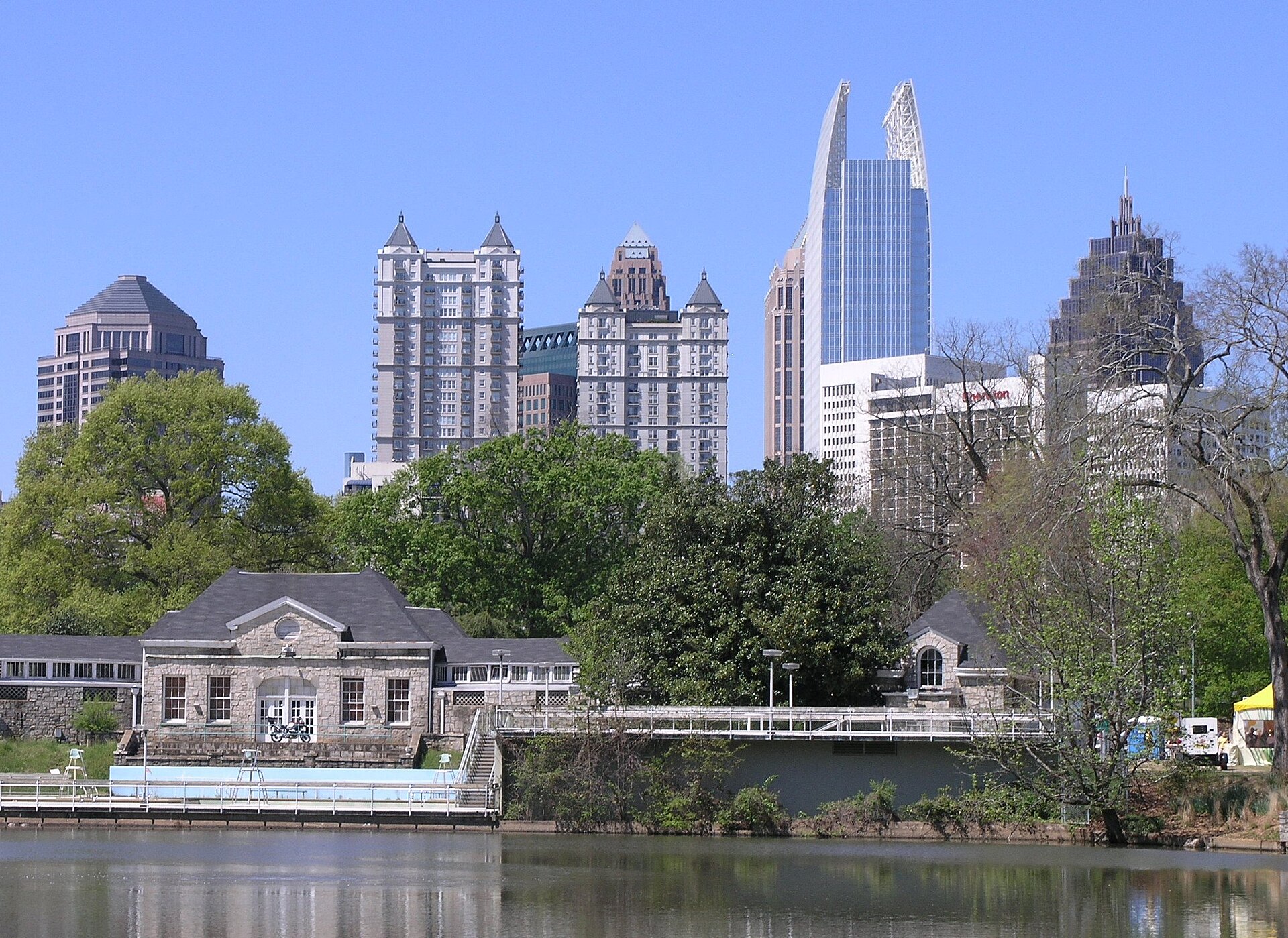 Midtown Atlanta skyline seen across Lake Clara Meer in Piedmont Park