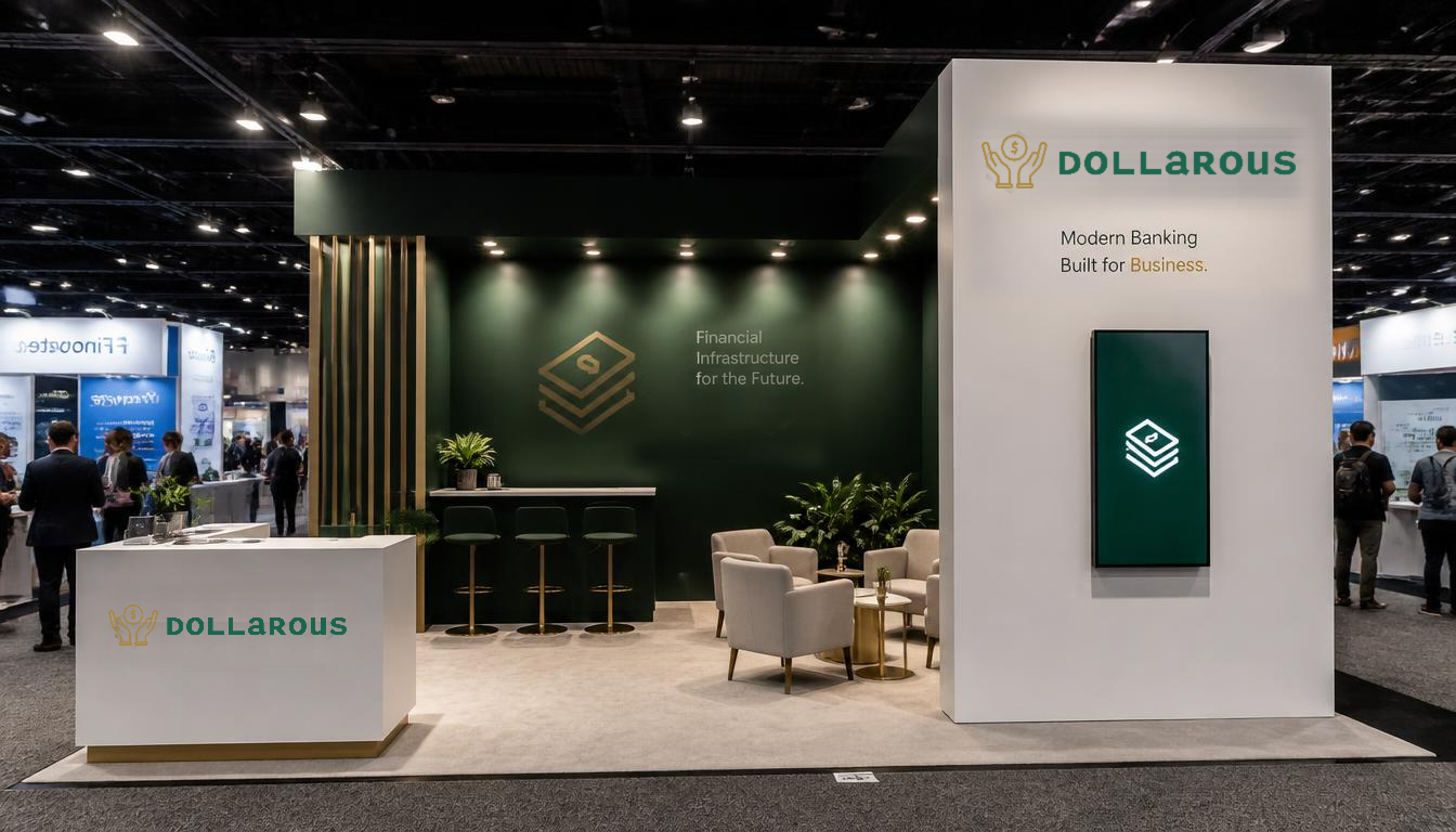 A Dollarous trade show booth with a vertical touchscreen mounted on the wall at the corner of the stand, running the BoothTok feed.